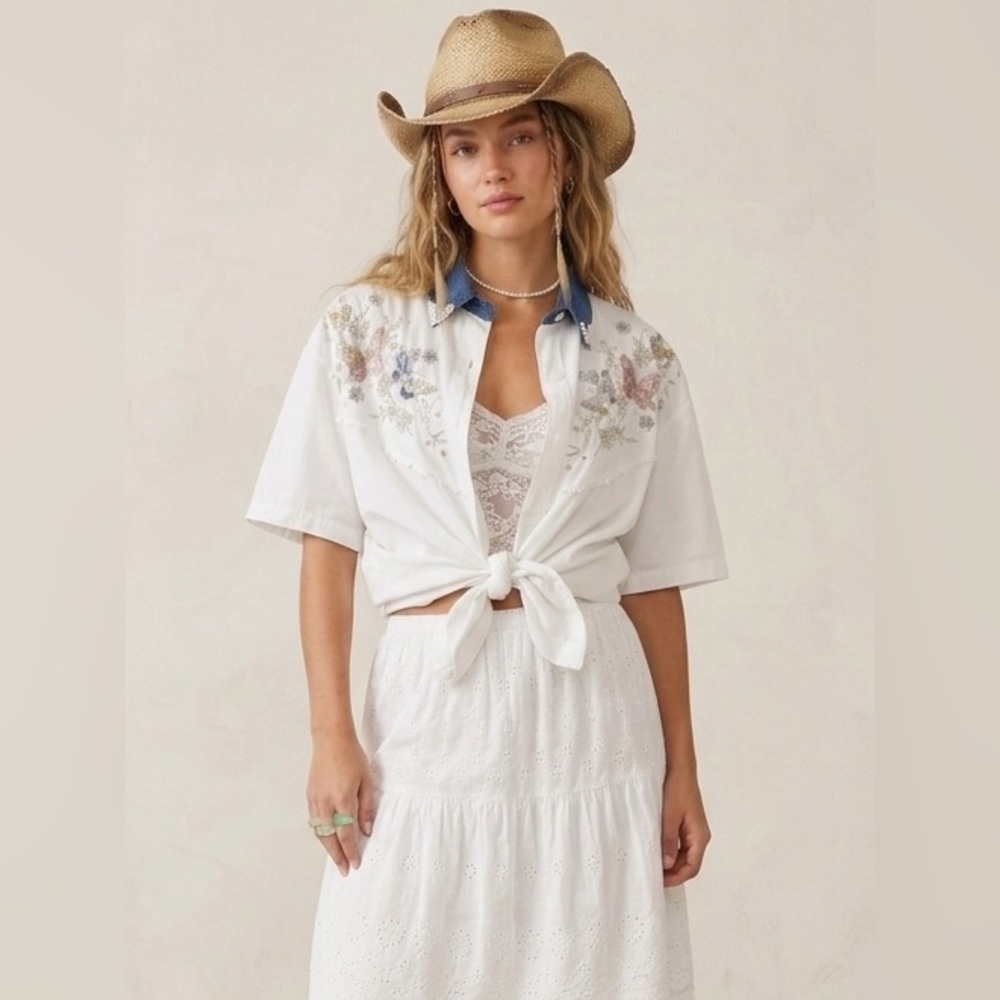 VTG 90s Jane Ashley Embroidered Butterfly Western Pearl Denim Collar Shirt Large